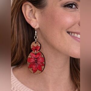 Handmade Red Poinsettia Wooden Dangle Earrings Hand Painted Floral Statement Y2K